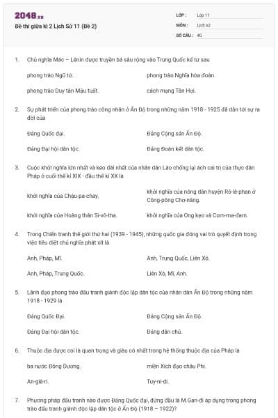 Đề thi giữa kì 2 Lịch Sử 11 (Đề 2)