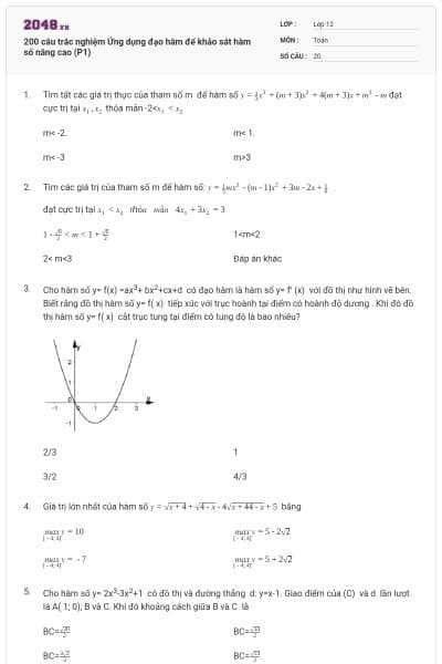 200 câu trắc nghiệm Ứng dụng đạo hàm để khảo sát hàm số nâng cao (P1)