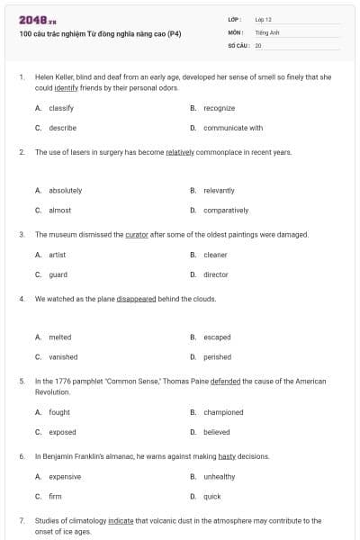 100 câu trắc nghiệm Từ đồng nghĩa nâng cao (P4)