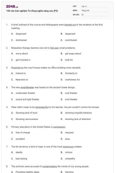 100 câu trắc nghiệm Từ đồng nghĩa nâng cao (P5)