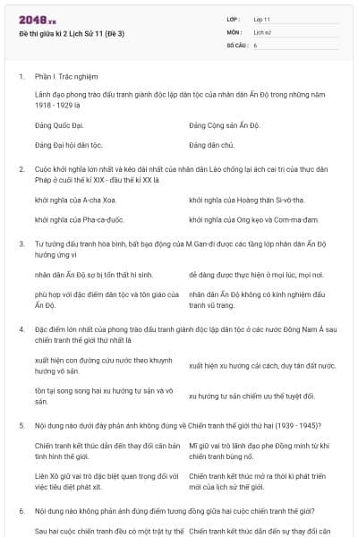Đề thi giữa kì 2 Lịch Sử 11 (Đề 3)