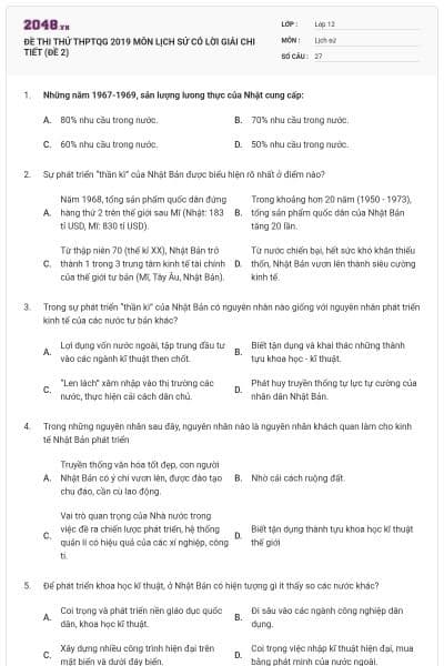 ĐỀ THI THỬ THPTQG 2019 MÔN LỊCH SỬ CÓ LỜI GIẢI CHI TIẾT (ĐỀ 2)