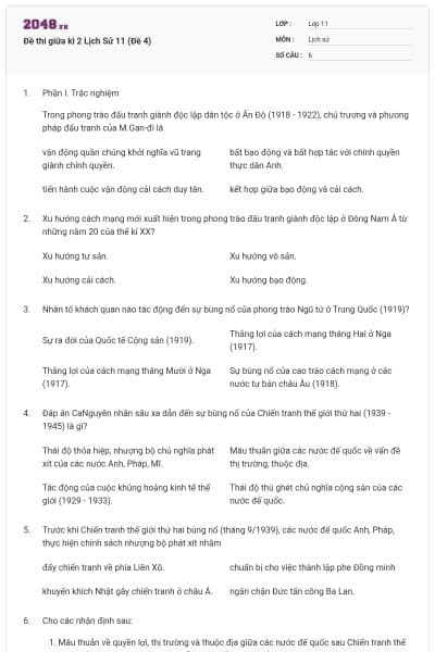Đề thi giữa kì 2 Lịch Sử 11 (Đề 4)