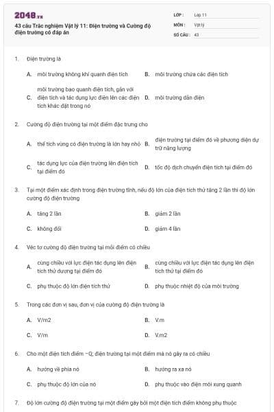 43 câu  Trắc nghiệm Vật lý 11: Điện trường và Cường độ điện trường có đáp án
