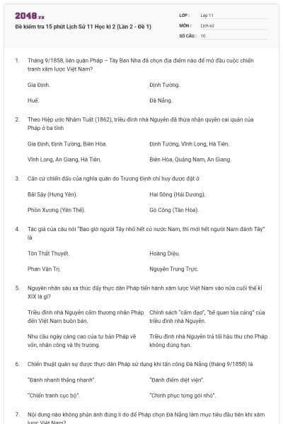 Đề kiểm tra 15 phút Lịch Sử 11 Học kì 2 (Lần 2 - Đề 1)