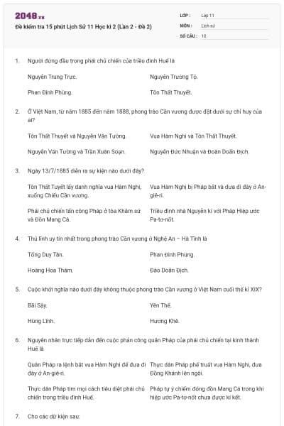 Đề kiểm tra 15 phút Lịch Sử 11 Học kì 2 (Lần 2 - Đề 2)