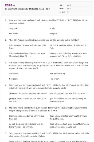 Đề kiểm tra 15 phút Lịch Sử 11 Học kì 2 (Lần 2 - Đề 3)