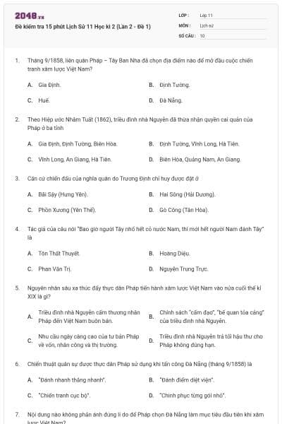 Đề kiểm tra 15 phút Lịch Sử 11 Học kì 2 (Lần 2 - Đề 1)