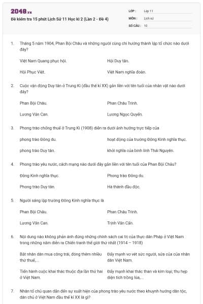 Đề kiểm tra 15 phút Lịch Sử 11 Học kì 2 (Lần 2 - Đề 4)