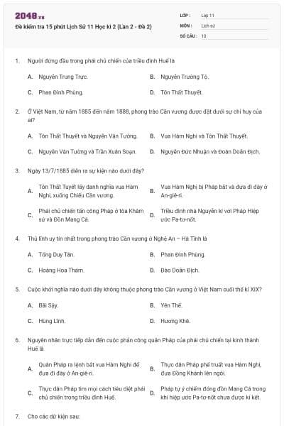 Đề kiểm tra 15 phút Lịch Sử 11 Học kì 2 (Lần 2 - Đề 2)