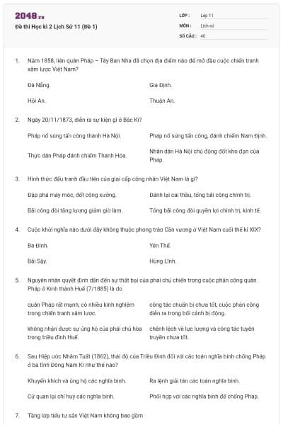 Đề thi Học kì 2 Lịch Sử 11 (Đề 1)