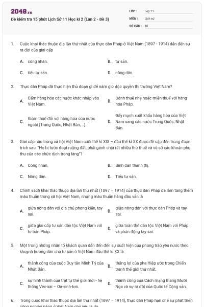 Đề kiểm tra 15 phút Lịch Sử 11 Học kì 2 (Lần 2 - Đề 3)