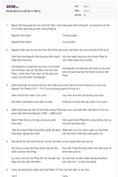 Đề thi Học kì 2 Lịch Sử 11 (Đề 2)