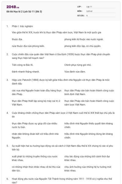 Đề thi Học kì 2 Lịch Sử 11 (Đề 3)