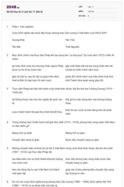 Đề thi Học kì 2 Lịch Sử 11 (Đề 4)