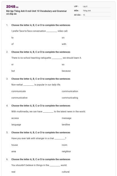 Bài tập Tiếng Anh 8 mới Unit 10 Vocabulary and Grammar có đáp án