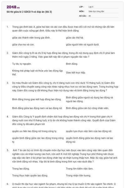 Đề thi giữa kì 2 GDCD 9 có đáp án (Đề 3)