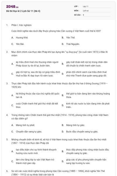 Đề thi Học kì 2 Lịch Sử 11 (Đề 4)