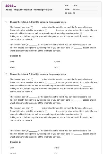 Bài tập Tiếng Anh 8 mới Unit 10 Reading có đáp án