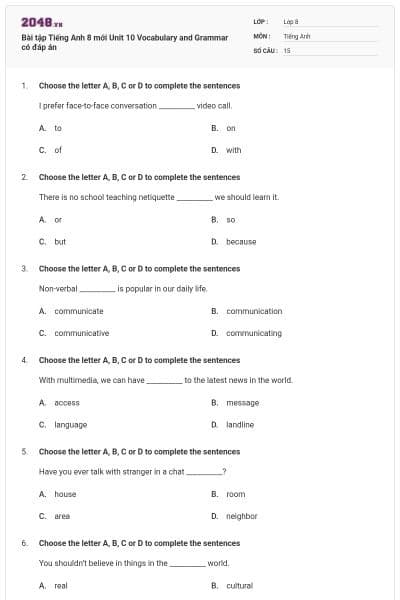 Bài tập Tiếng Anh 8 mới Unit 10 Vocabulary and Grammar có đáp án