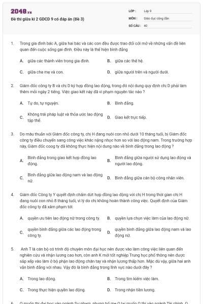 Đề thi giữa kì 2 GDCD 9 có đáp án (Đề 3)