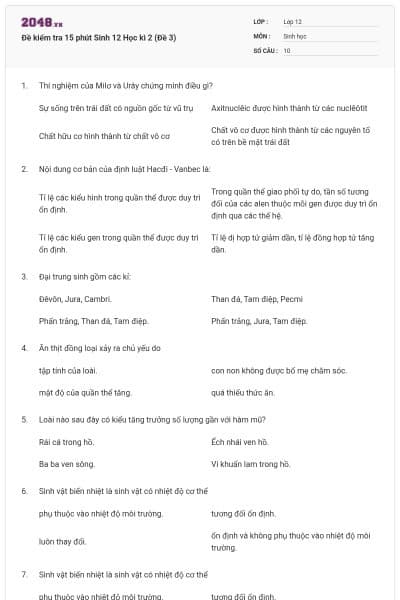 Đề kiểm tra 15 phút Sinh 12 Học kì 2 (Đề 3)