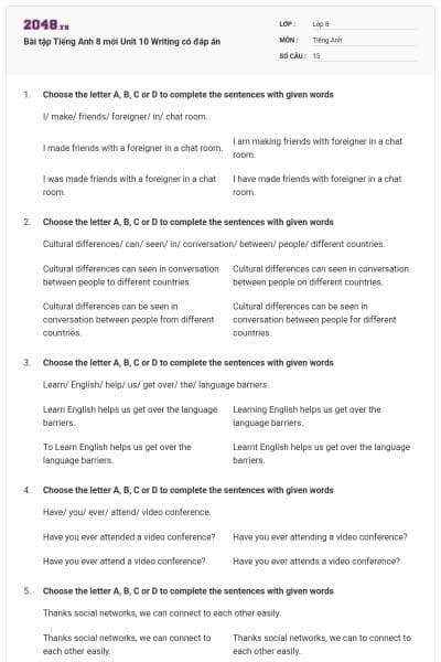 Bài tập Tiếng Anh 8 mới Unit 10 Writing có đáp án