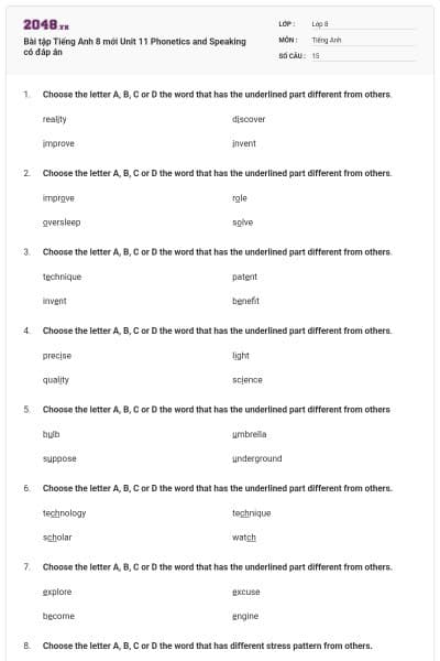 Bài tập Tiếng Anh 8 mới Unit 11 Phonetics and Speaking có đáp án