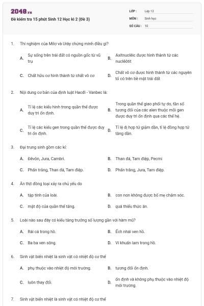 Đề kiểm tra 15 phút Sinh 12 Học kì 2 (Đề 3)