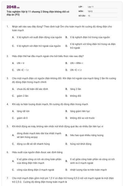 Trắc nghiệm Vật lý 11 chương 2 Dòng điện không đổi có đáp án (P3)