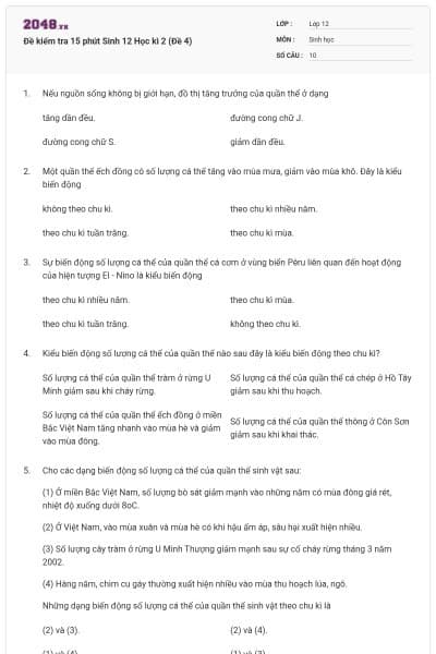 Đề kiểm tra 15 phút Sinh 12 Học kì 2 (Đề 4)