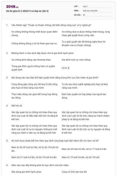 Đề thi giữa kì 2 GDCD 9 có đáp án (Đề 4)
