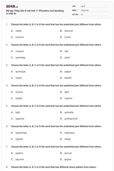 Bài tập Tiếng Anh 8 mới Unit 11 Phonetics and Speaking có đáp án