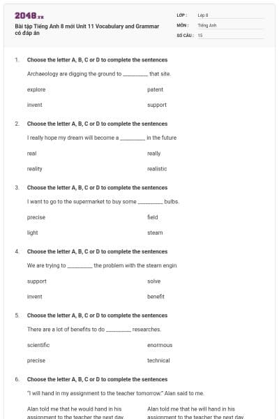 Bài tập Tiếng Anh 8 mới Unit 11 Vocabulary and Grammar có đáp án