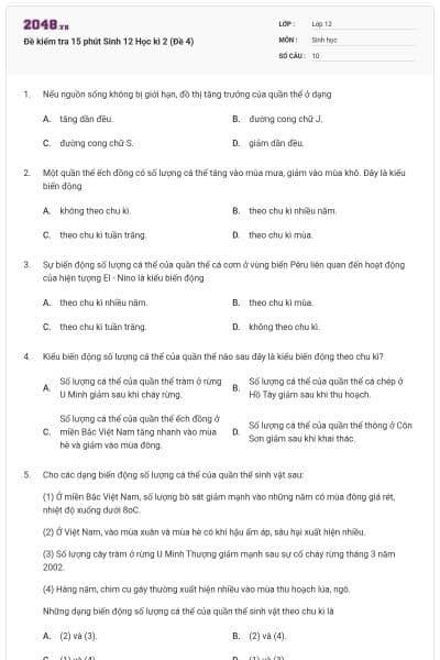 Đề kiểm tra 15 phút Sinh 12 Học kì 2 (Đề 4)