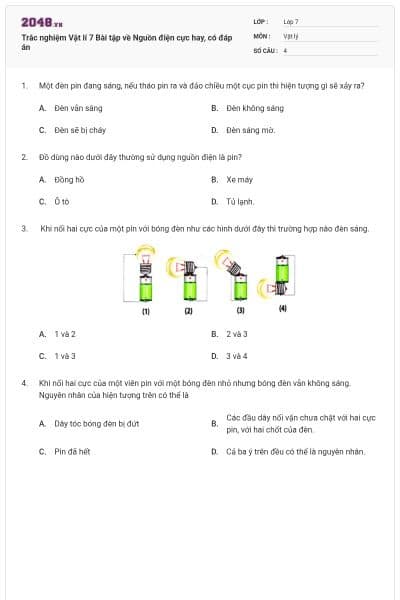 Trắc nghiệm Vật lí 7 Bài tập về Nguồn điện cực hay, có đáp án