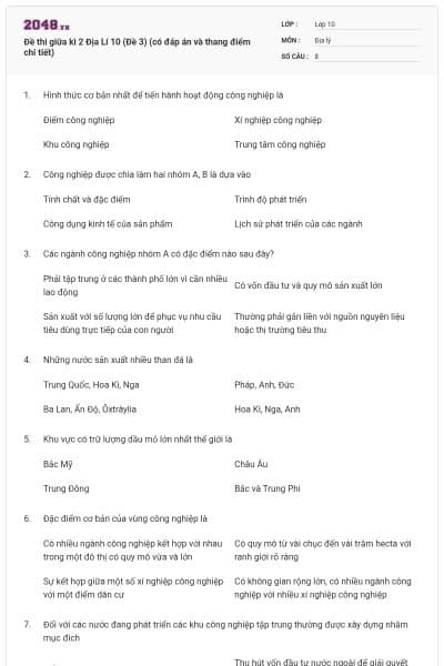 Đề thi giữa kì 2 Địa Lí 10 (Đề 3) (có đáp án và thang điểm chi tiết)