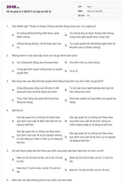 Đề thi giữa kì 2 GDCD 9 có đáp án (Đề 4)