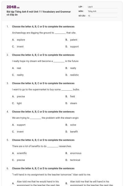 Bài tập Tiếng Anh 8 mới Unit 11 Vocabulary and Grammar có đáp án