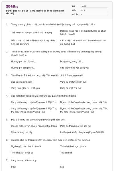 Đề thi giữa kì 1 Địa Lí 10 (Đề 1) (có đáp án và thang điểm chi tiết)