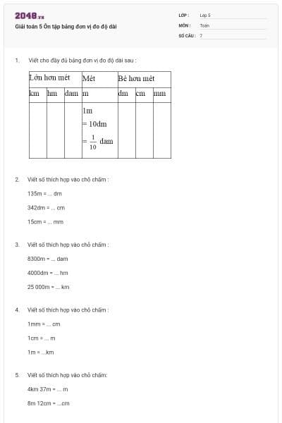 Giải toán 5 Ôn tập bảng đơn vị đo độ dài