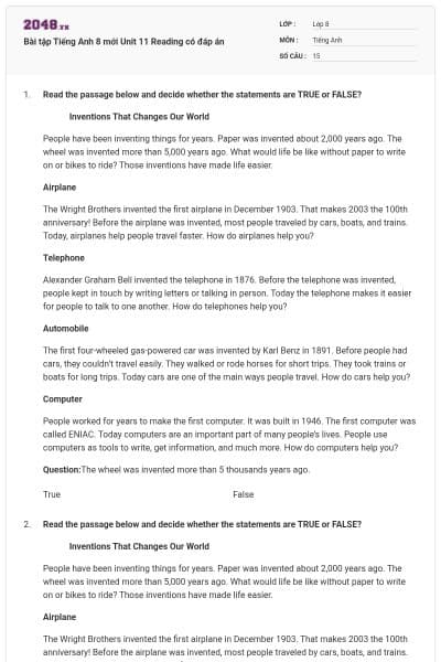 Bài tập Tiếng Anh 8 mới Unit 11 Reading có đáp án