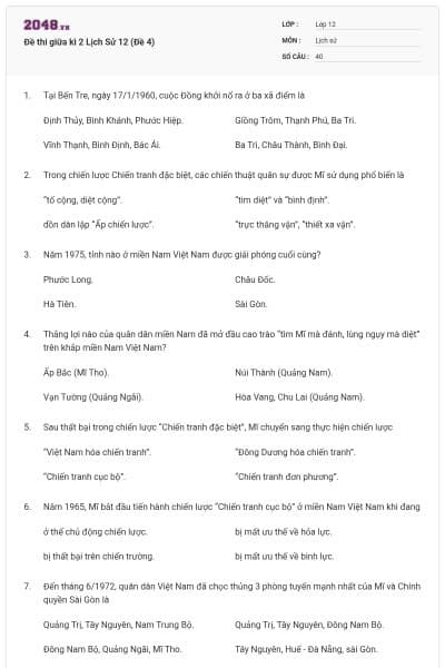 Đề thi giữa kì 2 Lịch Sử 12 (Đề 4)