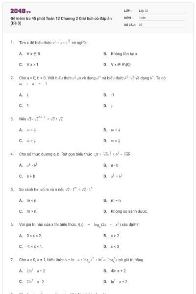 Đề kiểm tra 45 phút Toán 12 Chương 2 Giải tích có đáp án (Đề 3)