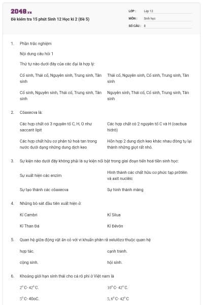 Đề kiểm tra 15 phút Sinh 12 Học kì 2 (Đề 5)