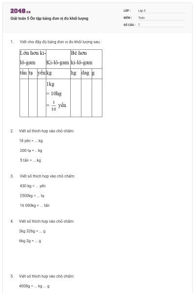 Giải toán 5 Ôn tập bảng đơn vị đo khối lượng