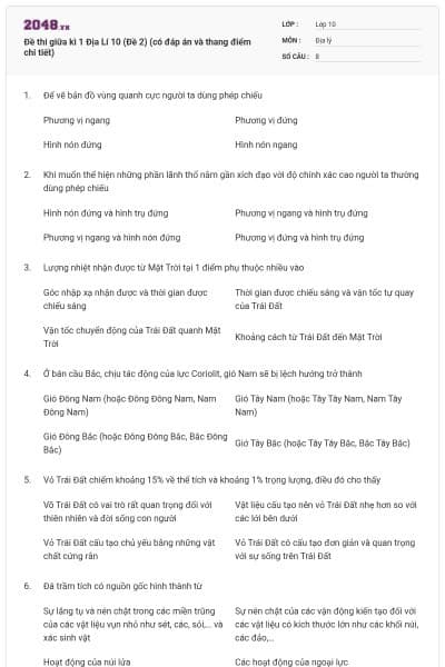 Đề thi giữa kì 1 Địa Lí 10 (Đề 2) (có đáp án và thang điểm chi tiết)