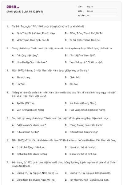 Đề thi giữa kì 2 Lịch Sử 12 (Đề 4)