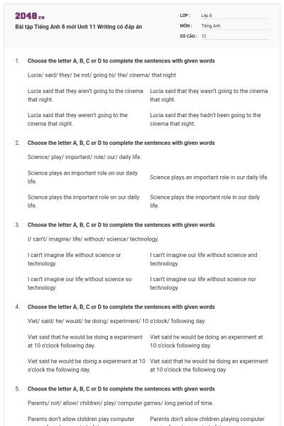 Bài tập Tiếng Anh 8 mới Unit 11 Writing có đáp án