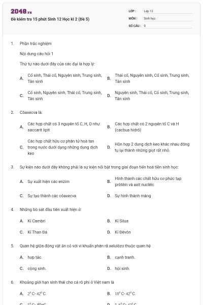 Đề kiểm tra 15 phút Sinh 12 Học kì 2 (Đề 5)